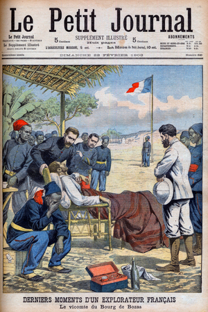 Last moments of a French explorer Viscount Pierre Marie Robert Du Bourg de Bozas (1871-1903) in the Bourg de Boza in tropical Africa “Le Petit Journal” february 22, 1903 (engraving)