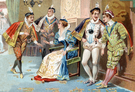 The Palais du Louvre under the reign of Henry III (16th century): young men of the King's Court. Chromolitography of the late 19th century.
