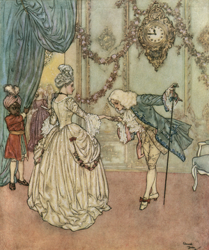 Cinderella: The young Cinderella came to attend the ball thanks to her godmother fee meets the prince who kisses her hand c.1910 (lithograph)