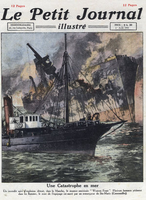 Disaster of the American steamer “Western front" destroyed following an explosion in the Channel, in the foreground a tug coming to his rescue, 1921 (print)