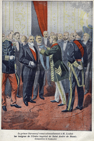 Prince Nicholas Ourusof solemnly presents to Emile Loubet the insignia of the Imperial Order of Saint Andre of Russia in 1900.