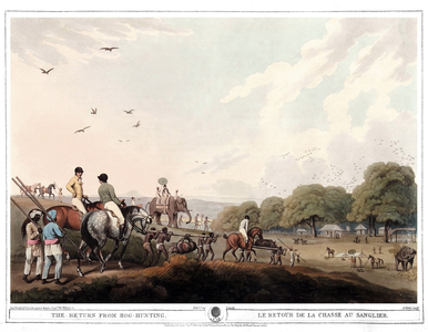 The return of the wild boar hunt. Engraving by Samuel Howett (1756-1822) in “” Oriental field sports”” by Thomas Williamson (on hunts in the British Indies in the 19th century) in 1807