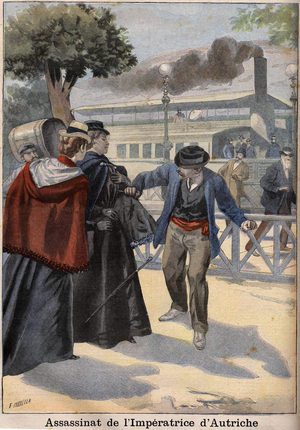 Assassination of Impress Elisabeth of Austria (Sissi) by an Italian anarchist in Geneva, 1898 - The Assassination of Empress Elisabeth of Austria (Sissi) by Italian anarchist Luigi Lucheni, in Geneva, 1898, Engraving,