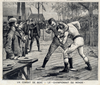 World Championship: boxing fight between Jim Corbett and Bob Fitzsimmons in Carson, Nevada, United States: In “” The Little Parisien”” on 11/04/1897. Private Collection