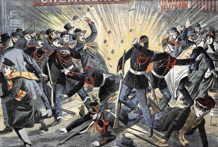 Unrest of Russian anarchists and nihilists in Paris. Bomb explosion, Avenue de la République. in “ Le Petit Journal”, February 1905 (engraving)