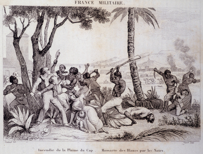 The revolt of the slaves of Santo Domingo: Blacks massacre of the whites during the fire of the Cape Plain on August 23, 1791. Engraving of the 19th century.