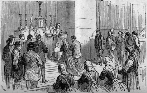 Corsican custom, 1865: wedding ceremony in the village of Asco. The cure places a bucket of wood on the spouses' head and gives a sermon to each on husband and wife's duties. Engraving in “” Histoire de la Corsica illustree””” by the abbe Jean Ange Galeti published in “Le Monde Illustré”” n°424 of 27 May 1865.