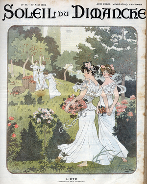 Summer Allegory: Women in white dresses holding hands with baskets of roses in a garden and others picking apples from an orchard, 1902 (print)