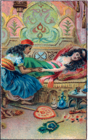The princess faints. Tale “” Histoire du cheval enchante””” in “” Les mille et une nuits “” (les 1001 nuits ou Le mille e una notte, Arabian Nights). Chromolithography of the late 19th century.