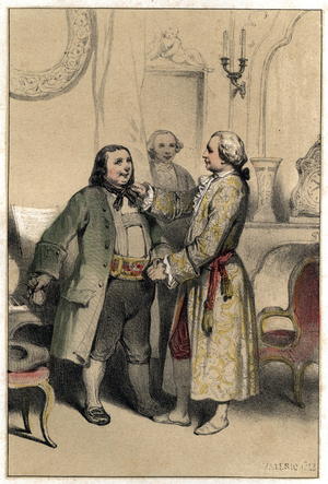The composer Joseph Haydn received a man who came to ask him to compose a menuet for his daughter's wedding. Plate taken from “” Scenes de la vie des hommes famous””” engraving in two shades by Valerio. 1843.
