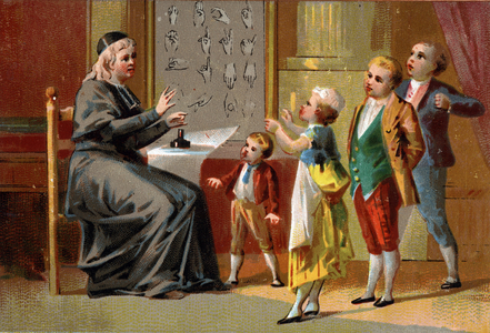 The Abbe de l'Epee (Charles-Michel de L'Epee, 1712-1789) teaches the gestures of sign language for deaf and dumb children. Chromolithography of the 19th century.