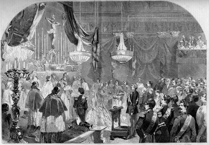 Marriage of Prince Napoleon (1822-1891) and Princess Clotilde of Savoy (1843-1911), 1859: Bridal blessing by Monsignor of Angenna, Archeveque of Turin, in the private chapel of the Royal Palace of Turin (Italy), January 30, 1859. Engraving in “” Le Monde Illustré”” n°96 of 12 February 1859.