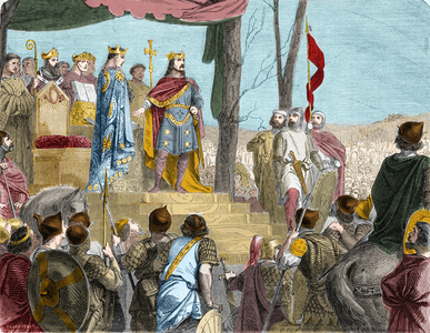 The Oaths of Strasbourg between Louis the German (876), ruler of East France, and his half-brother Charles the Bald (? 877), ruler of West Francia - Le oath de Strasbourg: traite de Verdun, 843. The sons of Louis the Pious divided the territory (the Carolingian Empire): Charles the Bald received the West, Louis the Germanic the East, and Lothaire, who had the imperial title, the center. Engraving in “” Histoire De France En Cent Paintings by Paul Lehugeur “” 1891