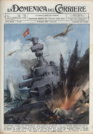 Spanish Civil War: Two planes of the Republican government in Valencia bombed the German cruiser Deutschland to prevent arms trafficking to Spain. “La domenica del Corriere" of 13/06/1937.