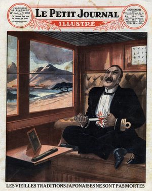 Old Japanese traditions have not died: suicide by making hara kiri.  "Le Petit Journal Illustré", on 1/06/1930 (print)