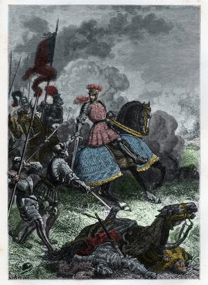 Louis XII at the Battle of Agnadel near Crema in Lombardy won by the King over the Venitians on 14 May 1509 - Battle of Agnadello - Louis XII of France defeats the Venetians - engraving from “” L'histoire de France racontee à mes grandenfants”” - by Francois Guizot - 1872-1876