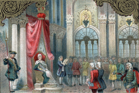 Russia's modernization policy: Catherine II of Russia (1729-1796) proclaims the reorganization of the Russian Empire. In 1785 it gave far more powers and rights to the nobles of the Empire. Late chromolithography of the 19th century.