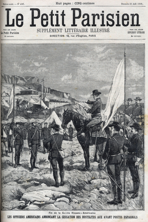 End of the Spanish-American War (American Hispano) in 1898. American officers announcing the cessation of hostilities at the Spanish outposts. Engraving in “” Le petit parisien”” from 1898.