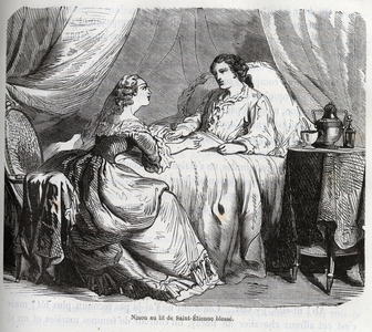 Anne Ninon””” of the Enclo (or Ninon de Lenclos or Ninon de Lanclos, 1620-1705) in the bed of Saint-Etienne (Saint Stephen), one of her lovers. Engraving of the 19th century in “” Confessions of Ninon de Lenclos”” by Eugene Moret.