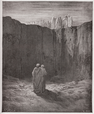 The Divine Comedy (La Divina Commedia, La Divine Comedie), Purgatorio, Canto 3: The company of souls upon the cliff - by Dante Alighieri (1265-1321) - Illustration by Gustave Dore (1832-1883), 1885
