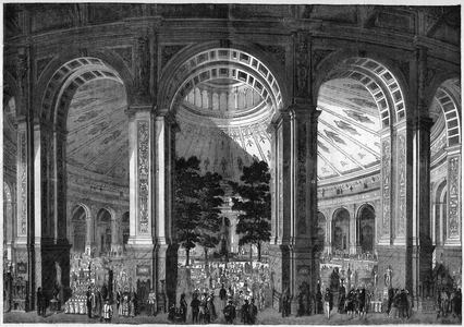 Vienna World Exhibition, 1873: view of the main central rotunda of the palace. Engraving in “” The Illustrious Universe””, 1873.