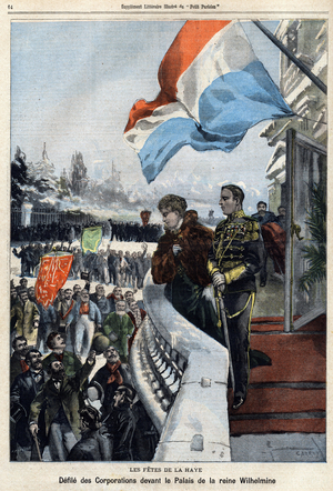 The Hague celebrations: defile corporations in front of the palace of the Queen of the Netherlands Wilhelmine of Orange-Nassau (Orange Nassau) (1880-1962). Engraving in “” Le Petit Parisien”” on 24/02/1901.