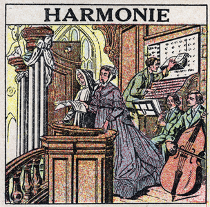 The art of sounds: harmony. Singers and musicians in a church. 1925 (print)
