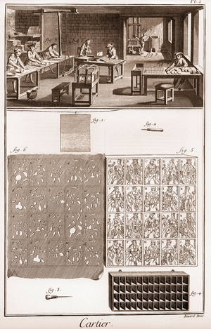 Cartier - Manufacture of Playing Cards - “” The Grande Encyclopedie, ou Dictionnaire Raisonne des Sciences, des Arts et des Metiers”” (Encyclopedia or Dictionary of the Sciences, Arts and Professions) by Denis Diderot (1713-1784) and Jean d'Alembert (1717-1783)