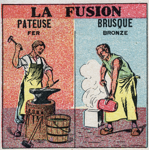 Changes in states: shading melting of iron and abrupt melting of bronze. Anonymous illustration from 1925. Private collection.