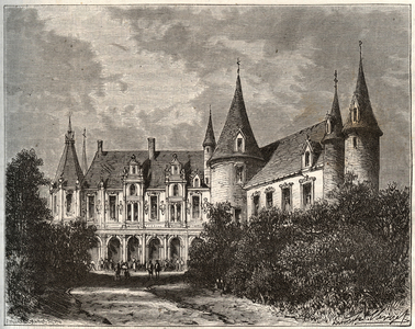 chateau du rocher a mezangers en Mayenne - engraving in “La France illustree: geographie, histoire, administration statistique” by V.A. Malt-Brown. 1884