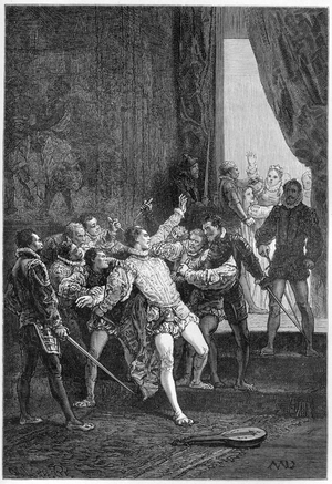 Murder of David Rizzio (Davide) in the presence of Mary Stuart (Marie Iere) (1542-1587) - engraving in “L'Histoire d'Angleterre, depuis les temps plus recules” by Francois Guizot 1877