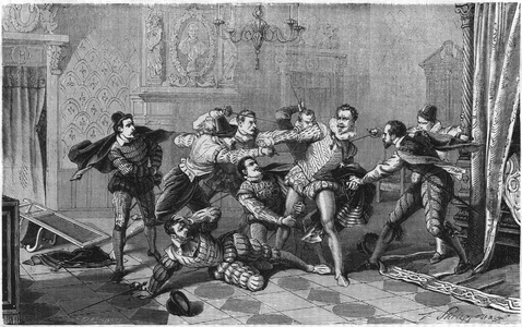 Assassination of Henry I of Lorraine, Duke of Guise known as the Balafre (1550-1588), December 23, 1588 at the castle of Blois. In “” Histoire Populaire de la France””, sd. circa 1885. Engraving.
