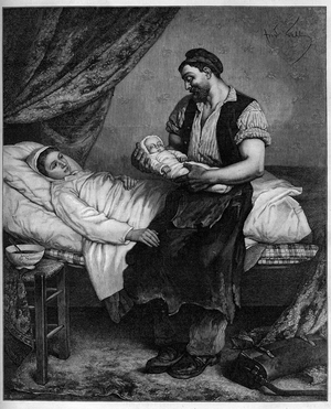 The new one (newborn). Engraving after the painting by Andre Gill (1840-1885) in “” The Illustrous World”” n°1283 of October 29, 1881.