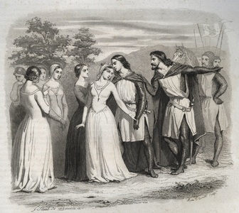 Farewell to Saint Elizabeth of Hungary (Thuringia) (1207-1231) to her husband, Louis IV of Thuringia (1200-1227), leaving for the 6th Crusade in 1227. Engraving from 1846 in “” Lives of the saints””. Private collection.