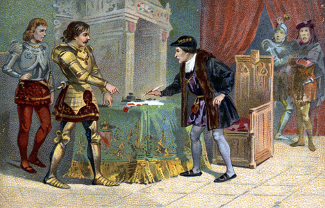 Interview of Louis XI (1423-1483), King of France and Charles the Bold, Duke of Burgundy, to Peronne in October 1468.Liebig chromolithography of the 19th century