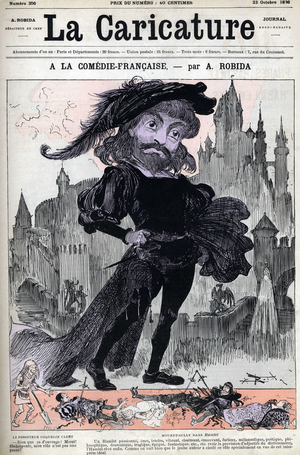 Mounet-Sully (Jean Sully Mounet, Mounet Sully, 1841-1916) French actor in the role of Hamlet de Shakespeare. Illustration of Robida in “Caricature”” of 1886.