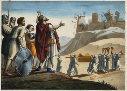 Joshua before the city of Jericho (the first city taken by Joshua and the Jews during the conquest of the Promised Land). The walls crumble to the sound of the trumpets. Anonymous engraving of the 19th century.