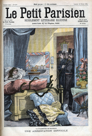 Difficult arrest in Paris of a charmeuse of snakes by police officers - in " Le petit Parisien", 1900 (print)