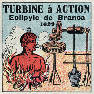 The steam machine: turbine has action. Eolipyle invented by Giovanni Branca in 1629. 1925 (print)