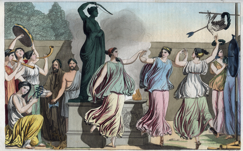Delian Dance in the feast of Diana or Artemis (goddess of the hunt) - engraving from “” Usi e Costumi di Tutti i i Popoli dell'Universo. Ovvero Storia del governo, delle leggi, della milizia, della religione di tutte le nazioni dai piu remoti tempi fino ai giorni nostri” 1856