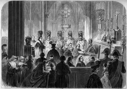 Religious Ceremony, 1858: installation of the Archeveque of Paris (Francois Nicolas Madeleine Morlot, 1795-1862) as primicier of the imperial chapter of Saint Denis by the Pope's nuncio. Drawing by Janet, based on a sketch by Mr. Moulin. Engraving by Linton in “” The Illustrous World”” n°86 of 11 December 1858.