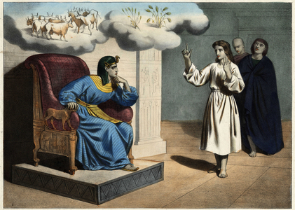 Joseph explaining the meaning of the Pharaoh's dream (namely: the seven fat cows and the seven lean cows, and the seven swollen cows of wheat and the seven wind-burned ears). Anonymous engraving from the middle of the 19th century.