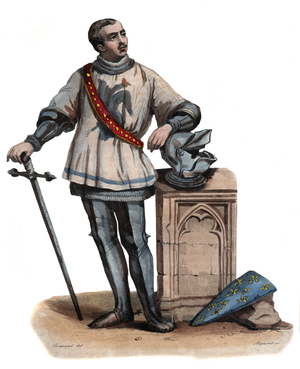 Portrait of Bertrand Duguesclin (Du Guesclin) (1320-1380), Breton knight and French military commander. illustration from “” Le Plutarque Français”” by Edmond Mennechet, 1836 (colour engraving).