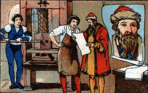 Germany: Johannes Gensfleisch Gutenberg's press is famous for improving typography by using mobile letters for printing, 1936 (chromo)