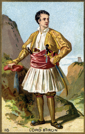 Portrait of George Gordon Noel, 6th Baron Byron, Lord Byron (1788 - 1824) dressed in Greek. Chromolithography of the 19th century.