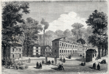 New building of the imperiale porcelain factory in Sevres in 1868. Engraving in “” L'Univers illustrious””, 1868.