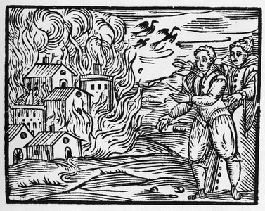 The curse of wizards burning the city, from "Compendium Maleficarum", 1608 (engraving)