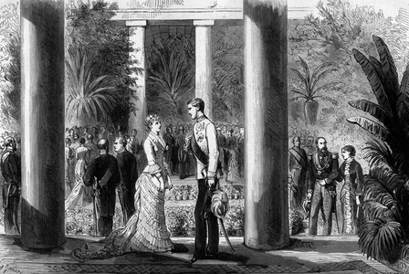 Engagement of Princess Stephanie of Belgium and Archduke Rodolphe of Austria to Laeken Castle, March 7, 1880 (engraving)