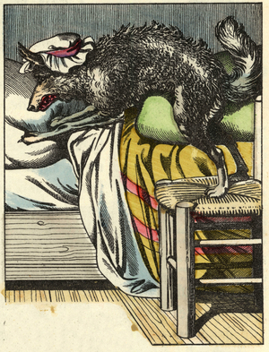 The disguise wolf takes the Grandma's place in the bed. Illustration of the tale “The Little Red Riding Hood” by Charles Perrault, 1697. In “” Tales from the home for the little ones””. Anonymous engraving of the 19th century.