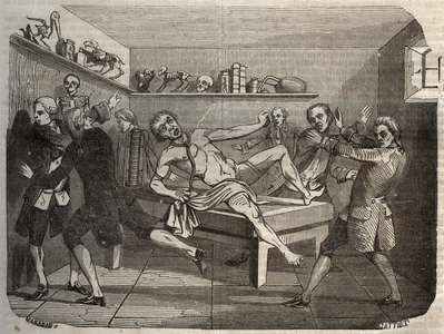 Galvanization of the corpse of a hangman with the pile of Alessandro (Alexandre) Volta: under the influence of electricite, the corpse seems to come back to life. Engraving from 1856 in “” Le Musee Des Sciences””